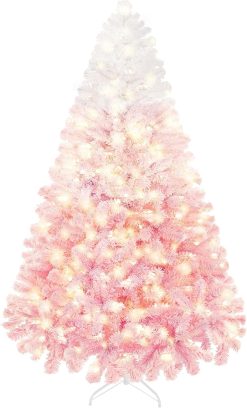 Yaheetech 7.5ft Pre-lit Artificial Christmas Tree W/Incandescent Warm White Lights, Snow Flocked Full Prelighted Xmas Tree W/1284 Branch Tips, 550 Incandescent Lights & Foldable Stand, Green & White