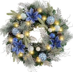WANNA-CUL Pre-Lit 24 Inch Lighted Christmas Wreath for Front Door Luxury Red Gold Christmas Door Wreath Decoration with Ball Ornaments, Poinsettia Flowers,Berries, and Lotus, Battery Operated 30 LED