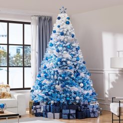 Yaheetech 7.5ft Pre-lit Artificial Christmas Tree with 550 Incandescent Warm White Lights, Snow Flocked Full Prelighted Xmas Tree with 1284 Branch Tips & Foldable Stand, Lake Blue Gradient